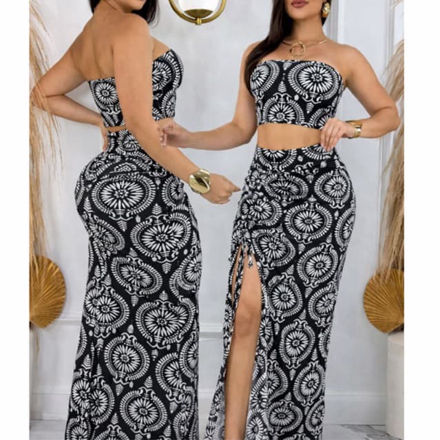 Conjunto Feminino Longo Saia Empina Levanta Bumbum Drapeado Croped Faixa Estampa Exclusivas