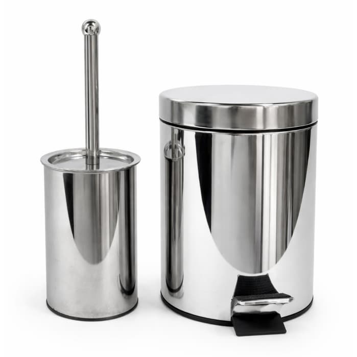 Kit Lixeira Inox 3L Ou 5L com Pedal e Balde Removível + Escova Sanitária Inox para Banheiro