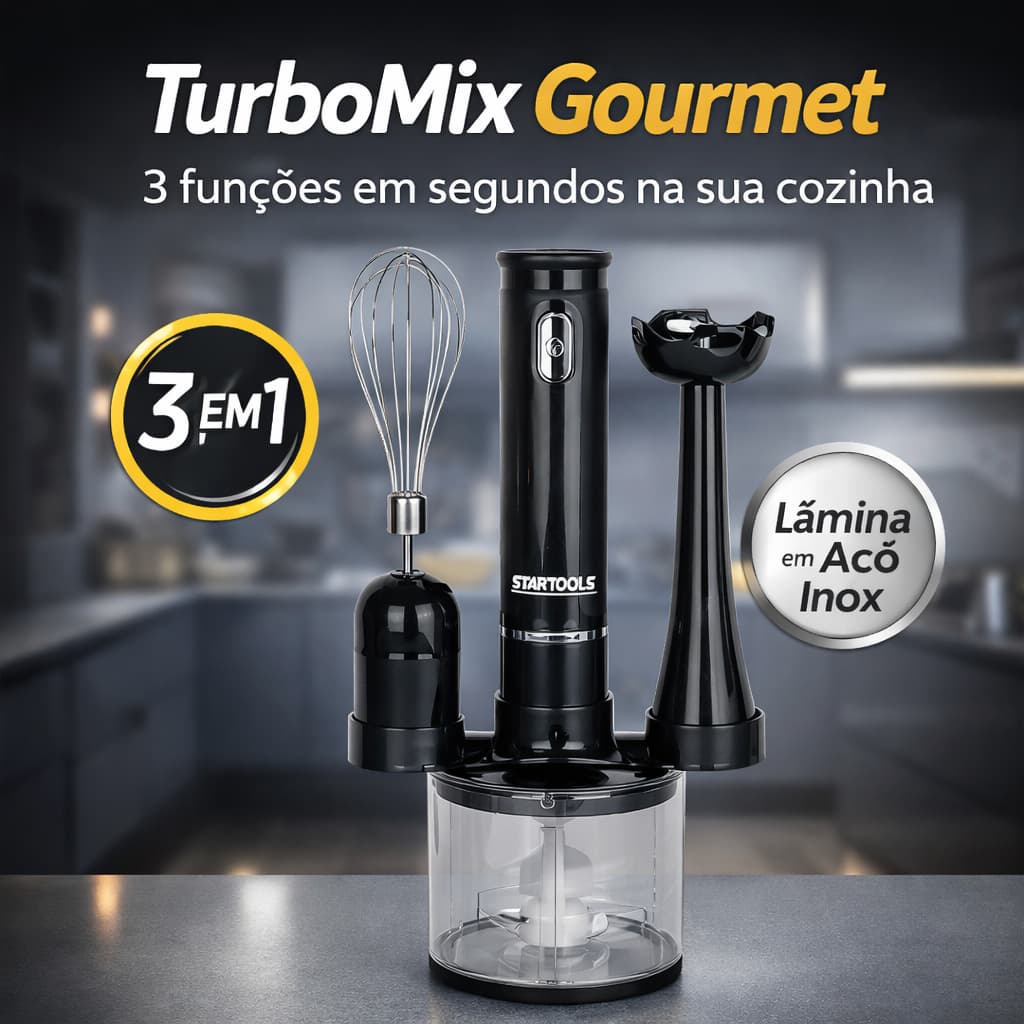 Mixer 3 em 1 TurboMix Gourmet 200W Processador Triturador Batedor com Copo 700ml Cozinha