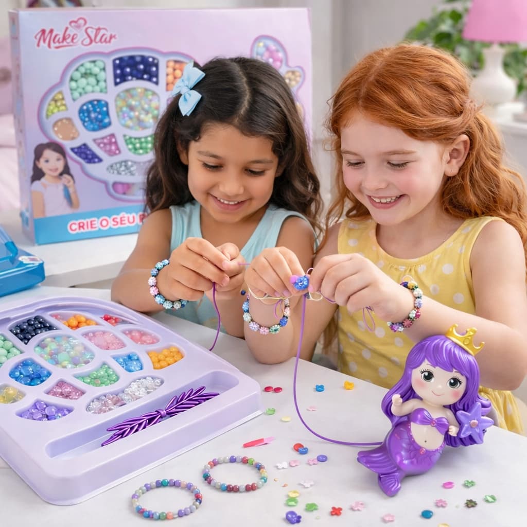 Kit Miçangas Infantil Sereia para Fazer Pulseiras e Colares – Brinquedo Criativo DIY Montar Bijuterias