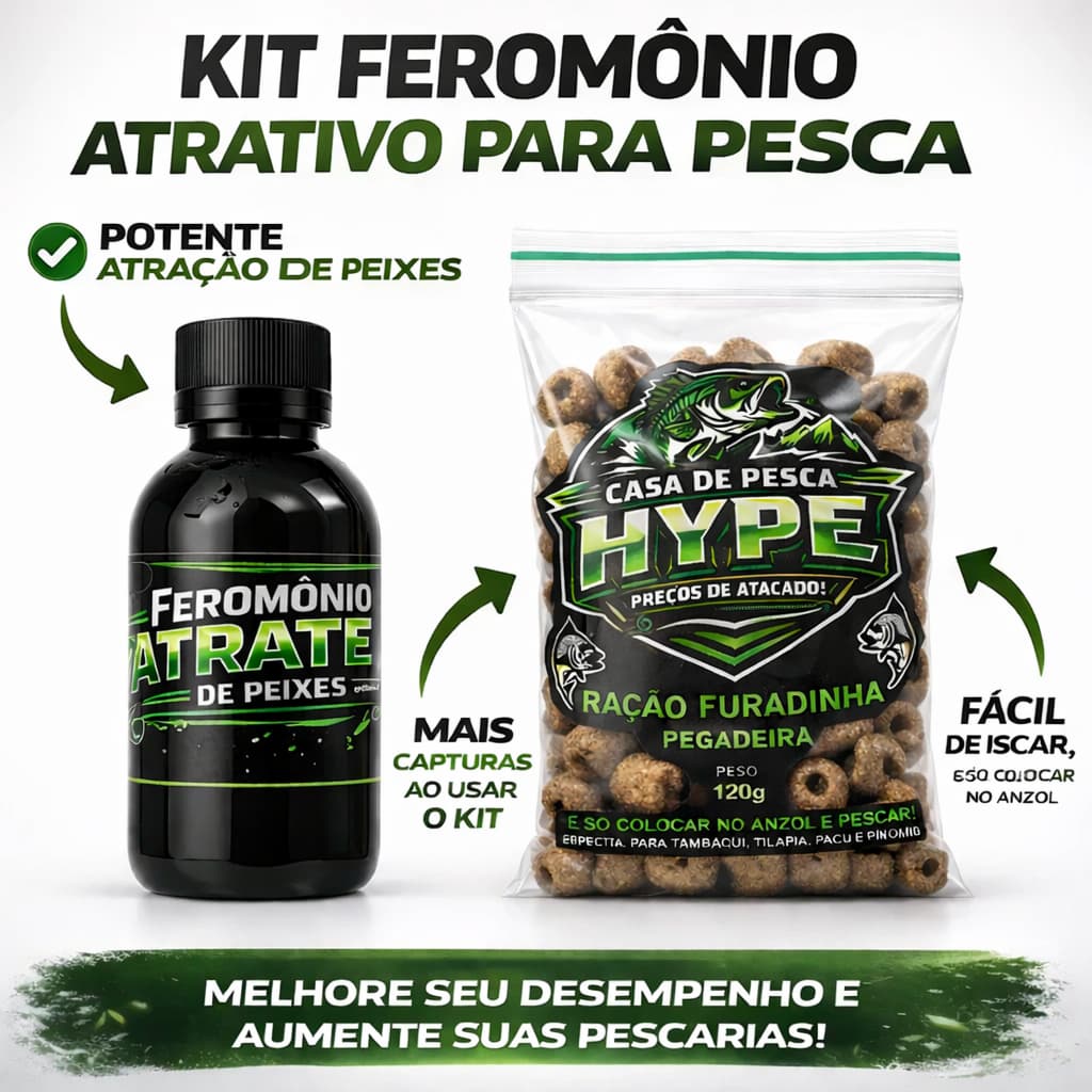 Feromônio Atrativo para Pesca + Ração Furadinha Super Kit Concentrado Potente Peixes Frasco 100 ML