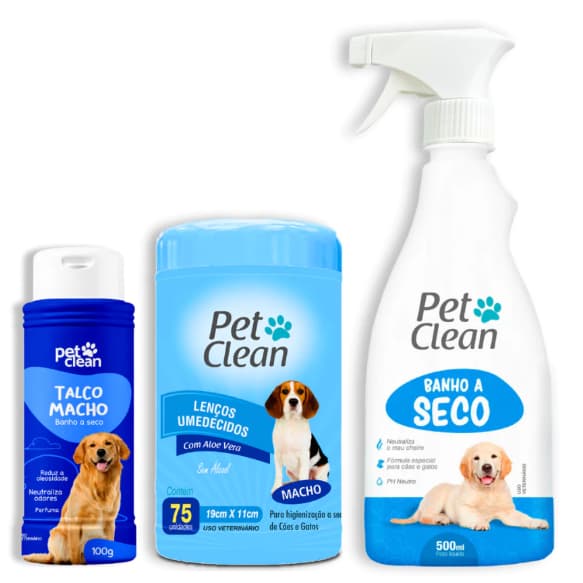 Kit Banho a Seco Sem Enxágue 500 ml + Talco Pet Shop 100 g + Lenço Umedecido 75 unidades - Pet Clean