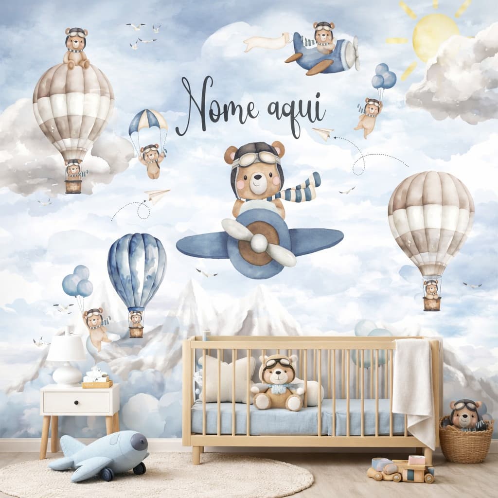 Papel de Parede Urso Aviador Personalizado Tema Infantil Nome da Criança