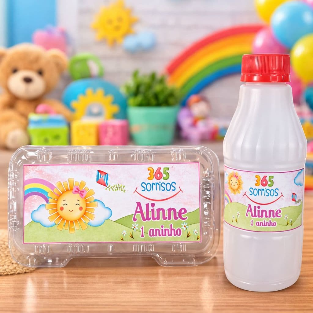 Adesivo para Marmitinha e Garrafinha Tema 365 Sorrisos | Rótulo Personalizado Festa Infantil