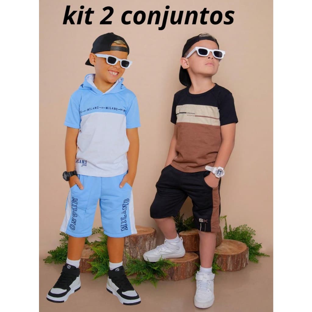 Roupa Infantil Menino Juvenil Kit Com 4 Peças 2 Camisas e 2 Bermudas Veste Do 2 Ao 14 Anos