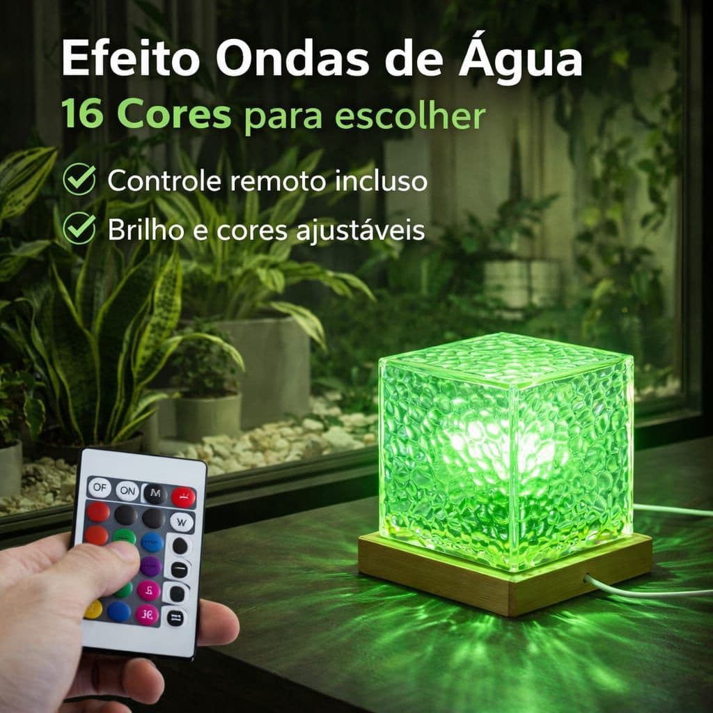 Luminária de Mesa Quadrada Cubo Efeito Ondas Rotativa RGB Multicolorida Controle Remoto Energia USB