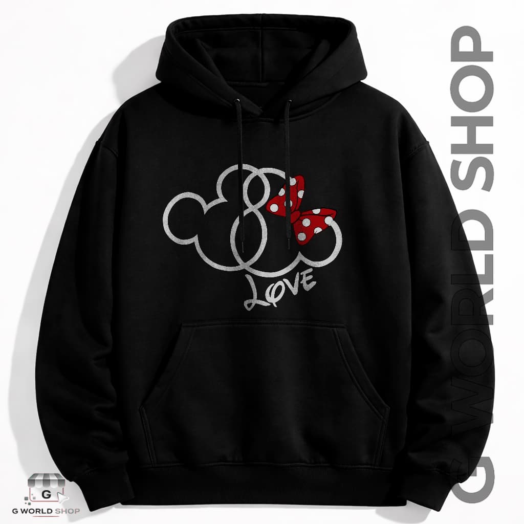 Moletom Feminino Com Capuz Mickey e Minnie Love Blusa de Frio Flanelado Estilo Casual Universitário Adulto e Infantil