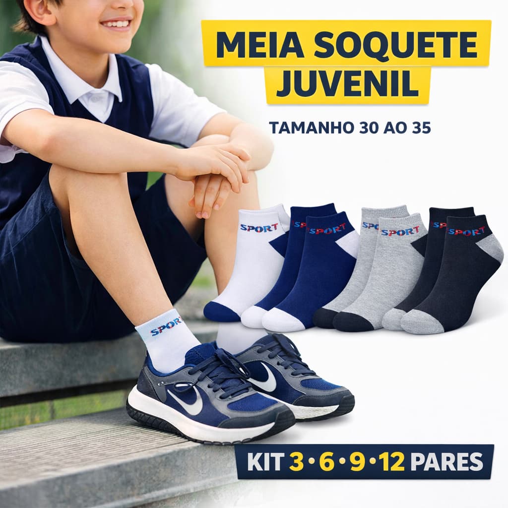 Meia Soquete Juvenil Masculina Cano Curto Kit 3, 6, 9, 12 Pares Escolar Confortável 30 ao 35