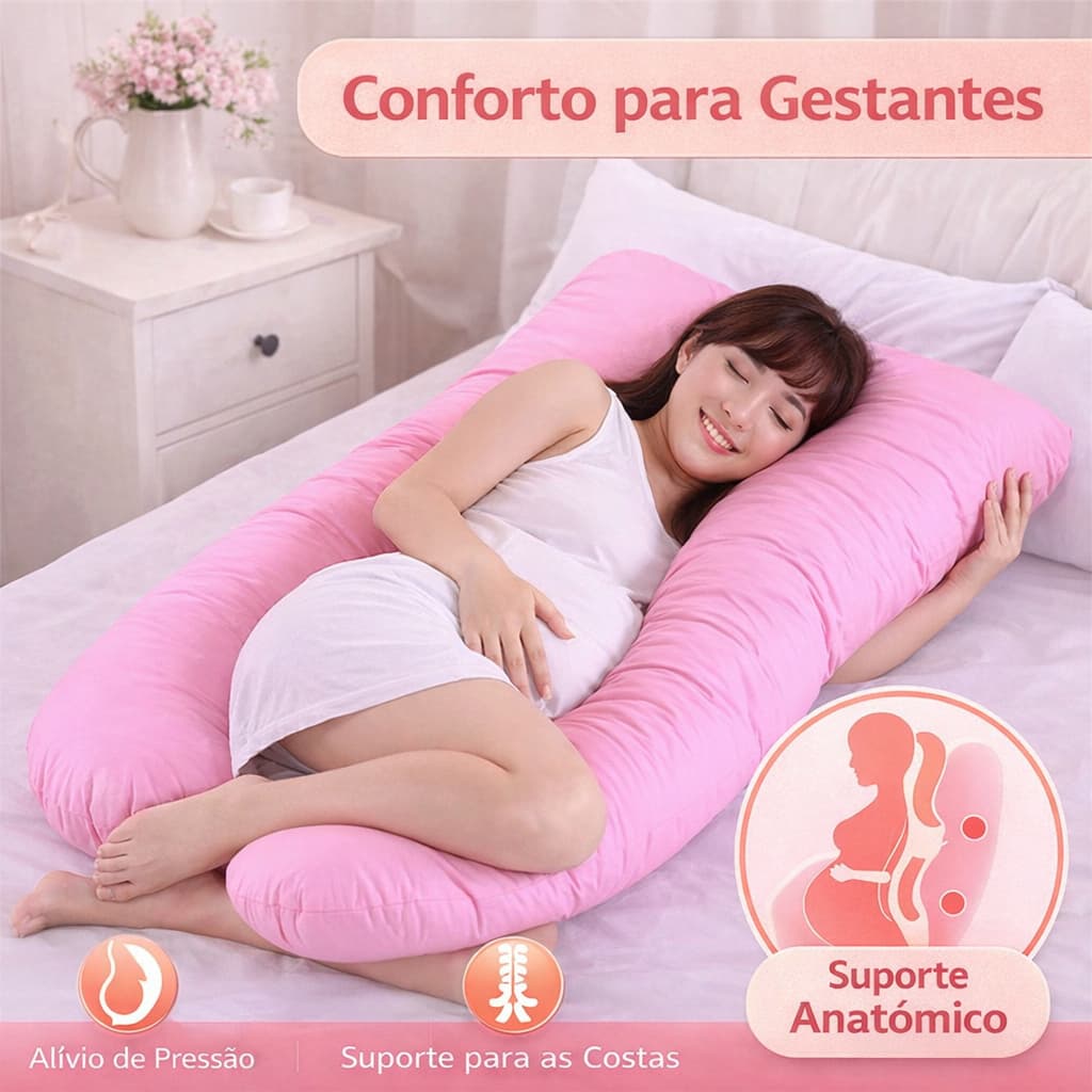 Travesseiro Gestante em U 1,20m Almofada Gravidez Corpo Inteiro Amamentação com Fibra Silicone