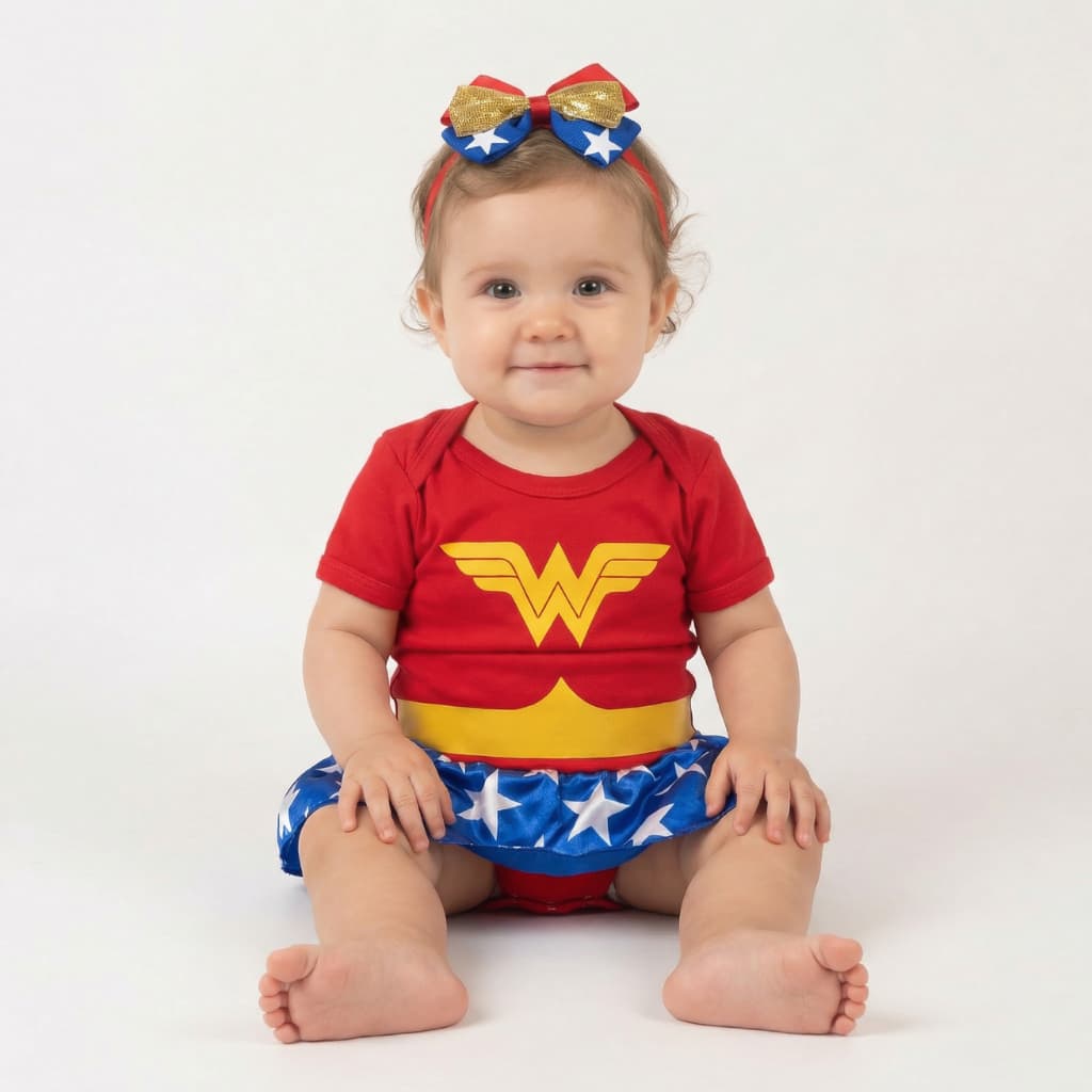 Macacão Bebê Menina Mulher Maravilha Mesversario Body Conjunto Laço e Saia Tiara
