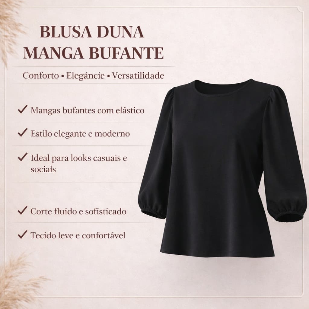 Blusa Duna Feminina Preta Manga Bufante Tecido Leve Look Social