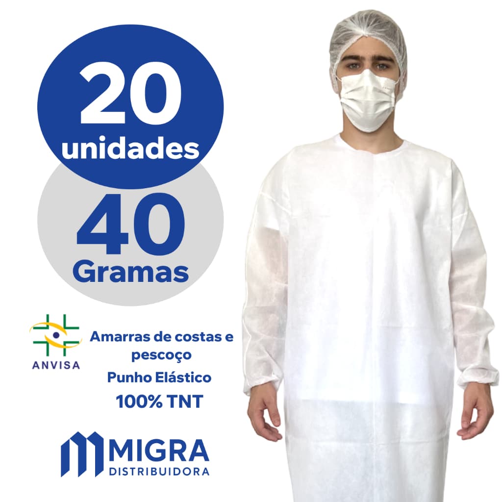 Avental Descartável 40g Kit 20 Unidades Manga Longa Jaleco Capote TNT Gramatura Não Estéril Migra Gr
