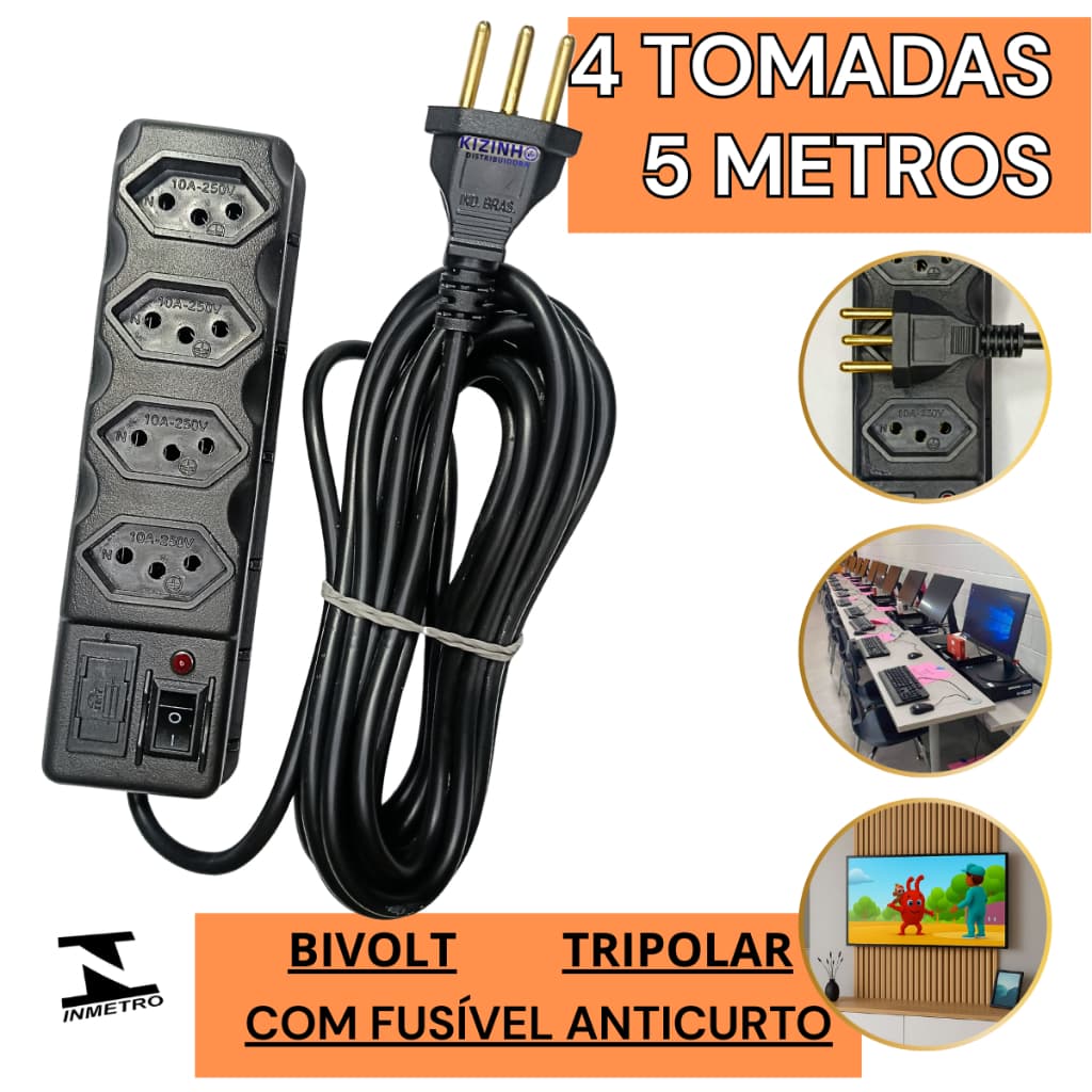 Filtro de Linha 5 Metros 4 Tomadas Tripolar 10A Bivolt 127/220 Preta Fusível de Proteção 3A Suporte para Fixar na Parede