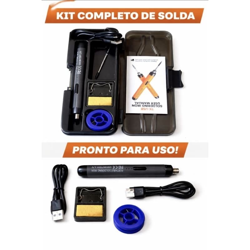 Kit Ferro de Solda Portátil Sem Fio USB Recarregável Profissional Completo com Estojo cor cinza