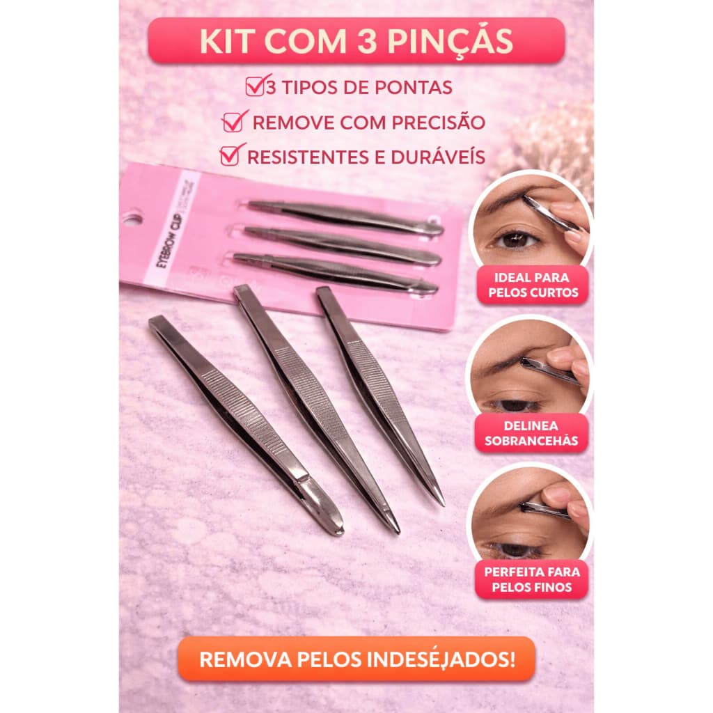 Kit Pinça de Sobrancelha Profissional 3 em 1 | Alta Precisão e Aço Inoxidável | Design Perfeito de Sobrancelhas