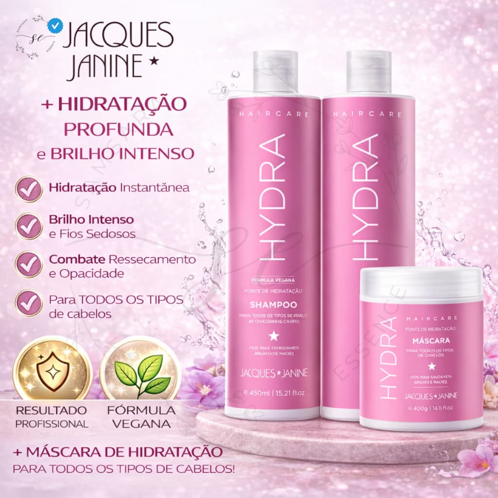 Kit Shampoo e Condicionador Hidratação Prolongada Sem Sal Brilho e Maciez Hydra Jacques Janine