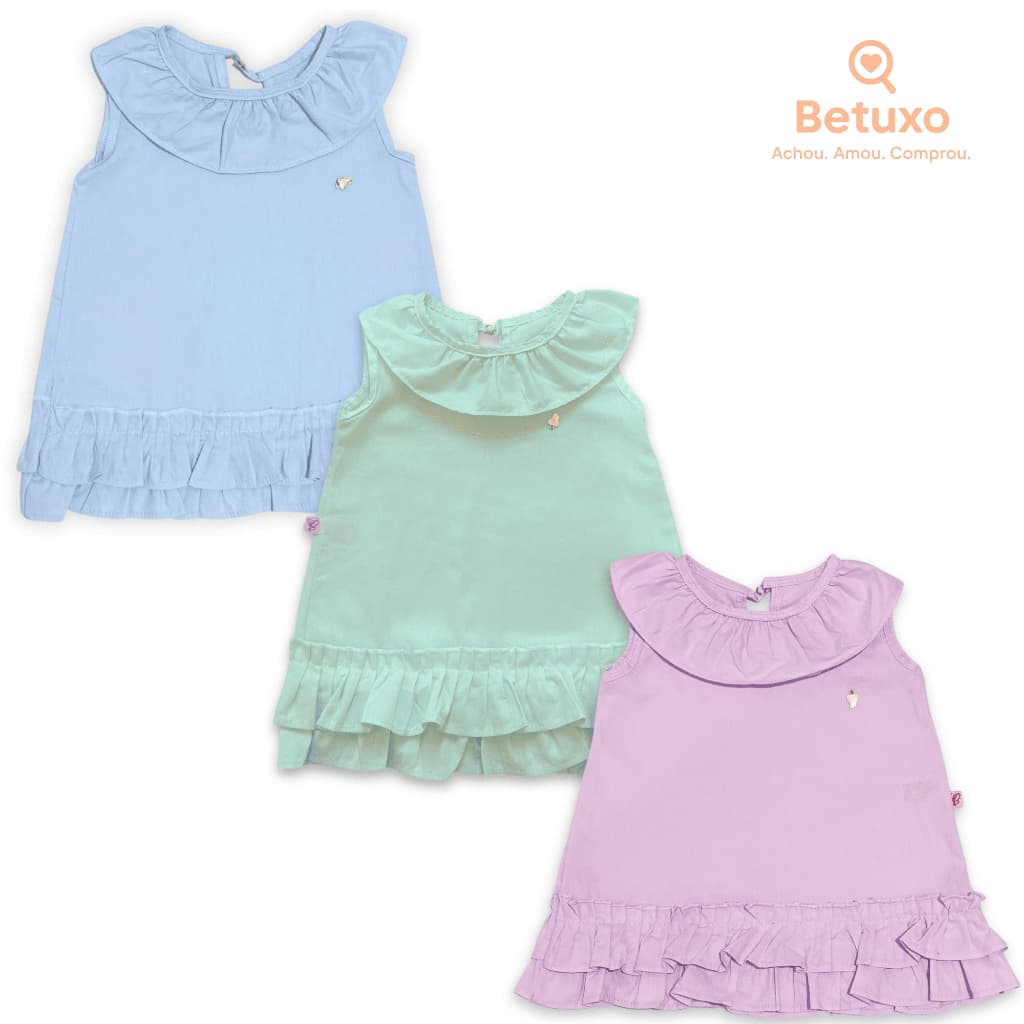 Vestido Infantil Menina Liso 100% Algodão Roupa Bebê Rodada Azul Lilás Verde Tamanho P M G
