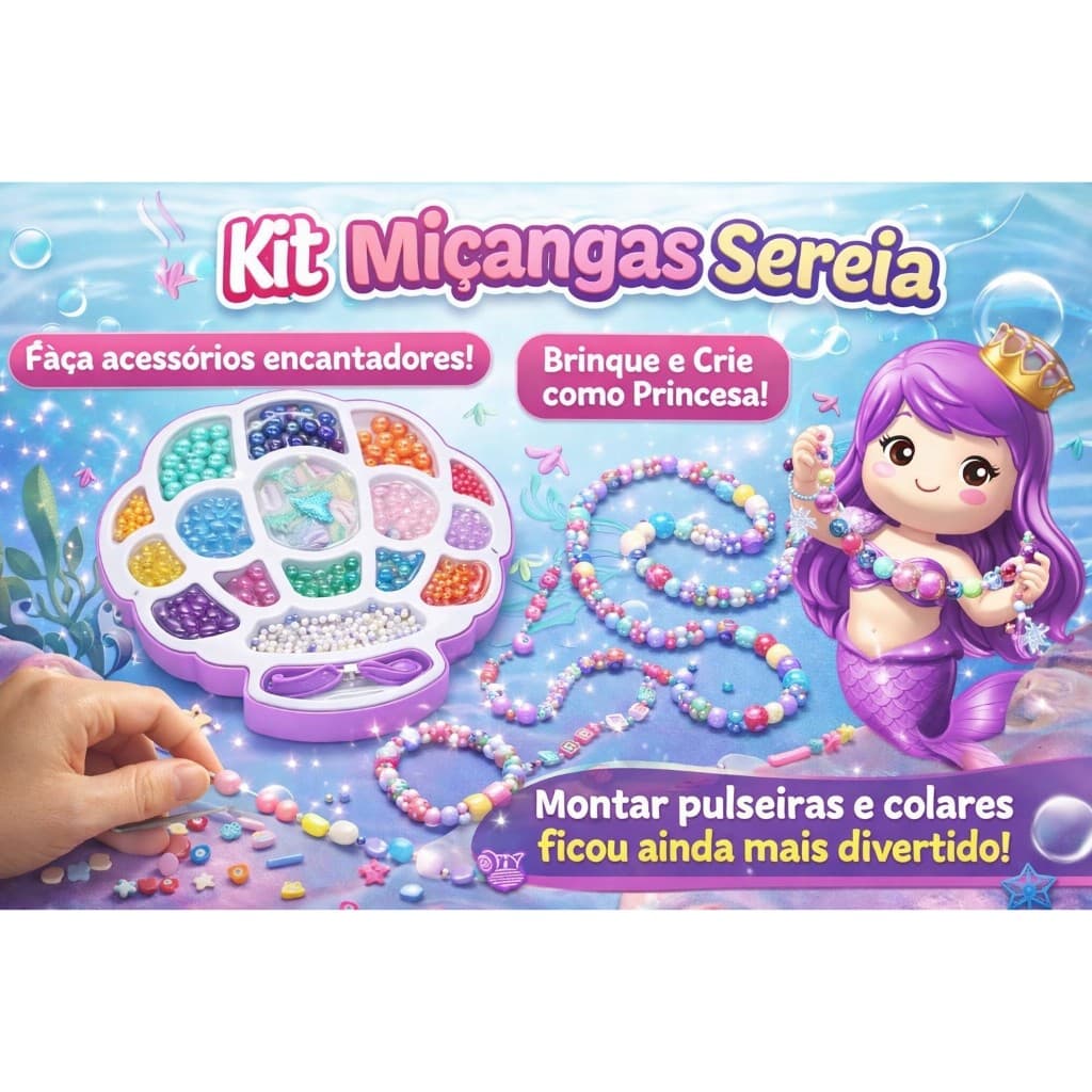 Kit Miçangas Infantil Sereia DIY Completo | Fazer Pulseiras Colares Criativo Menina +3 Anos Colorido Educativo