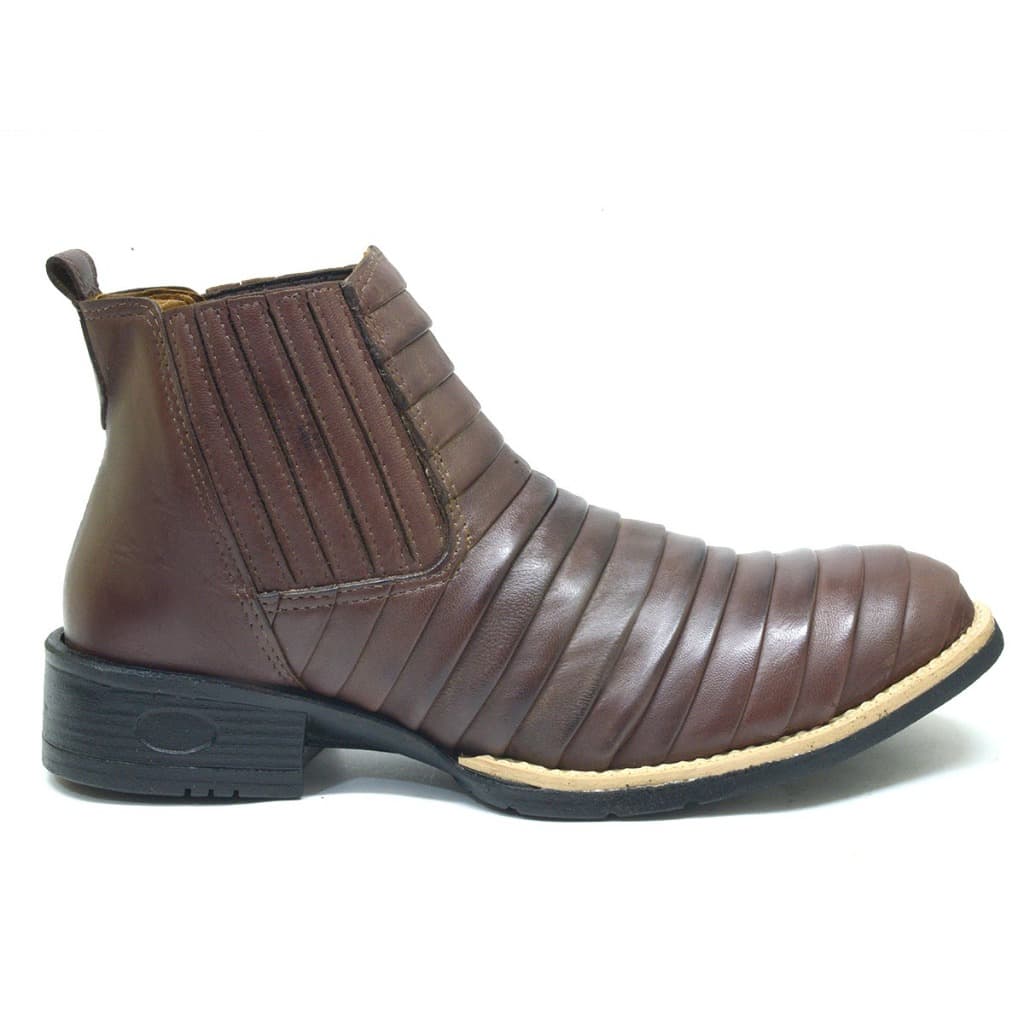Bota Botina Masculina Texana Cano Curto Bico Redondo Estilo Tatu em couro