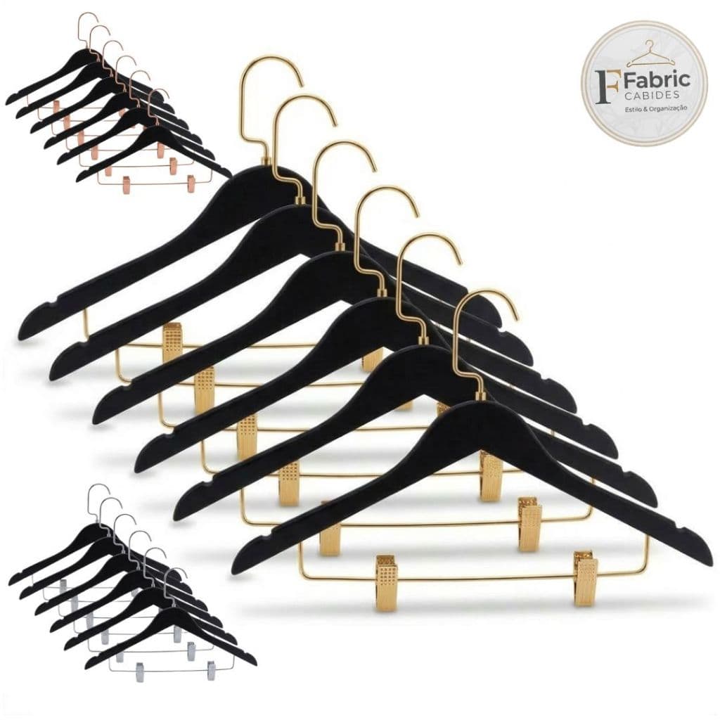 Kit 6 Cabide Madeira Preto com Presilha Luxo - Alta qualidade