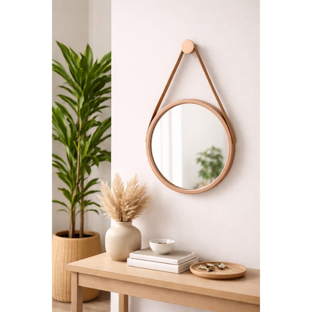 Espelho Redondo Decorativo 32cm Alça Couro Luxo Maquiagem Quarto Sala Banheiro