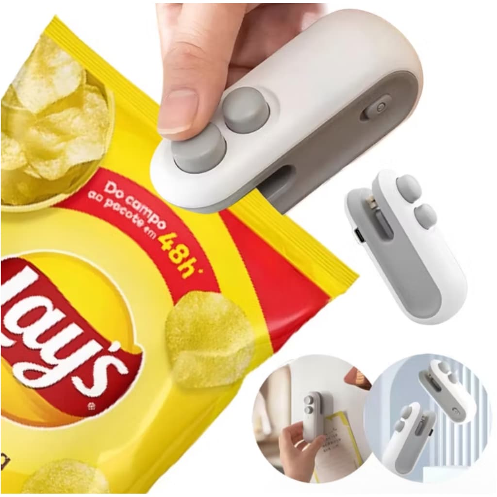 Máquina Seladora/Cortadora Embalagem Portátil Recarregável USB Saco Plástico Elétrica