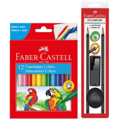 Kit Canetinhas 12 Cores + Kit Com 2 Lápis de Escrever + Borracha + Apontador C/Dep. Faber-Castell