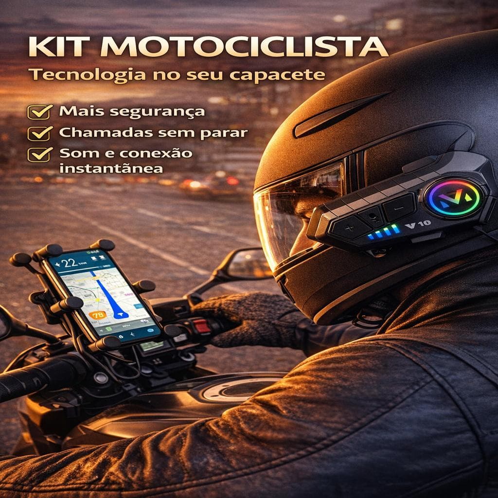 Kit Moto Bluetooth Capacete Fone RGB Luva Térmica Touch Suporte Celular USB Carregador Universal