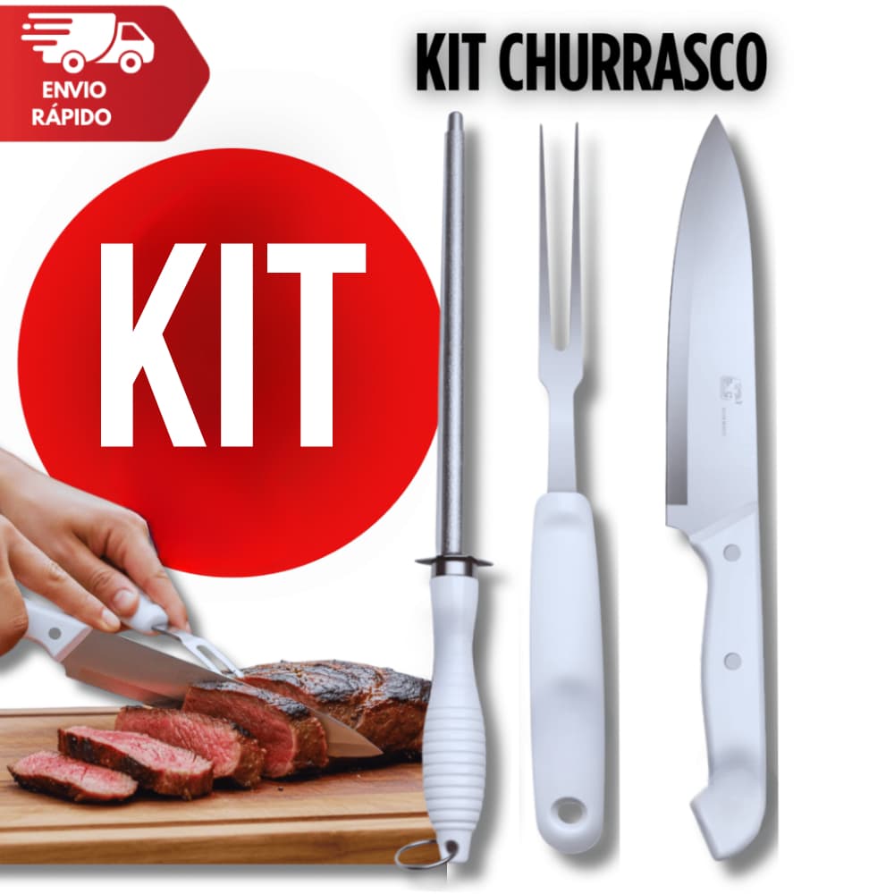 Jogo Churrasco Faca 8"+ Garfo 6" Trinchante + Chaira 7,5" com Cabo Branco de Plástico Multiuso