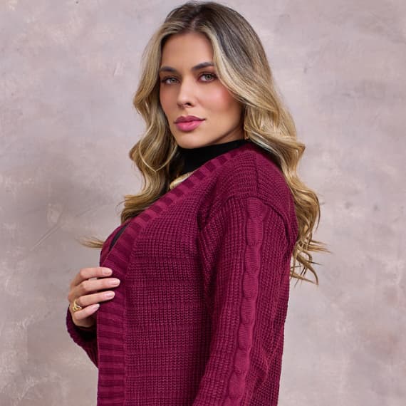 Cardigan Tricot com Tranças na Manga Kimono Trico Casaco Inverno Feminino Longo Lançamento