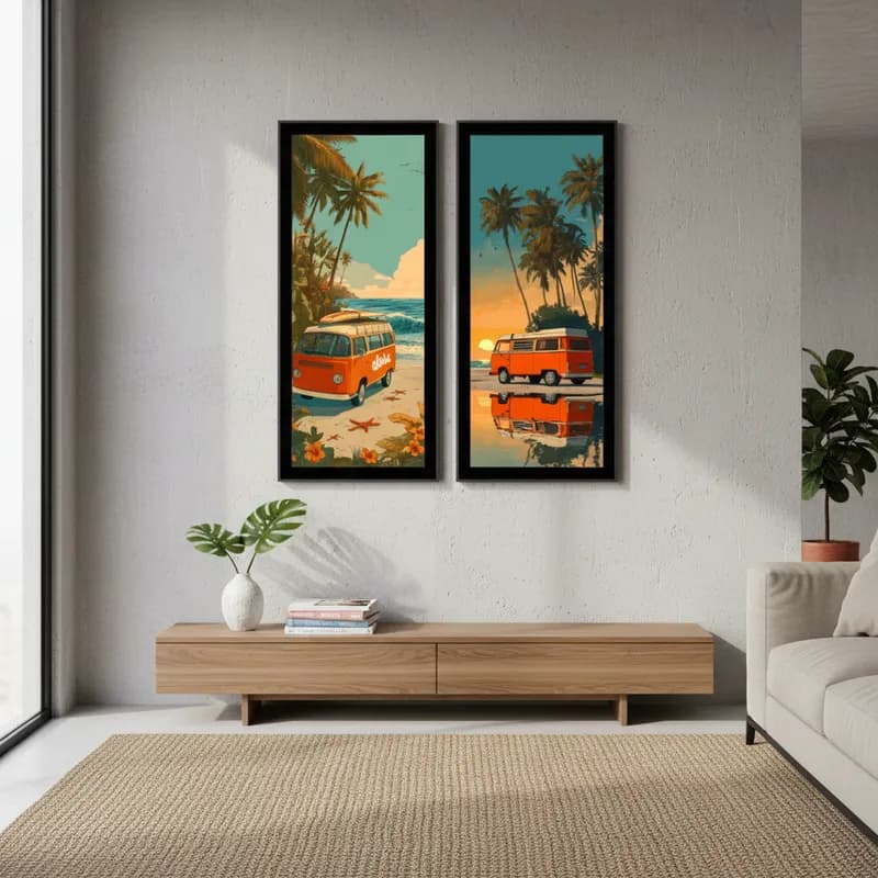 Kit Quadros Decorativos Lavabo Kombi Tropical Praia Vintage Para Sala Casa de Praia Hall de Entrada