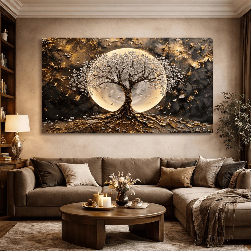 Quadro Decorativo Árvore da Vida Dourada Sobre A Lua Cheia Arte Moderna Horizontal Luxuosa Clean