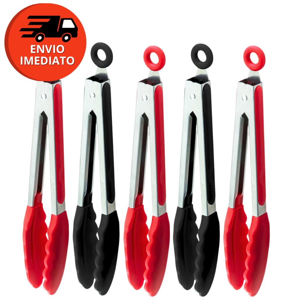 Kit Pegador Alimento 27Cm Inox E Silicone Com Apoio Salada Churrasco Massa Cozinha Restaurante