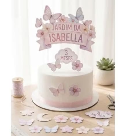 Topo de Bolo Jardim Encantado Borboletas Personalizado Nome e Idade + 10 Toppers para Doce aniversário mesversários