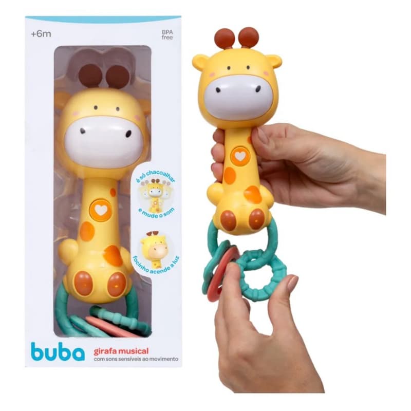 Girafa Musical Buba - Chocalho com Luz e Mordedor para Bebês, Estimula Sentidos com Mordedores Macios