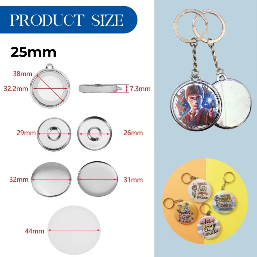 Chaveiro Botton 25/32/37/58 mm p/ Personalizar – Insumos Máquina de Bottons