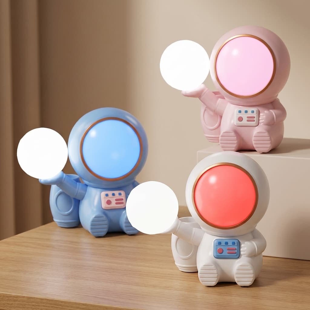 Luminária de Mesa Astronauta Luzes Coloridas Com Suporte Para Caneta E Apontador Carregamento USB
