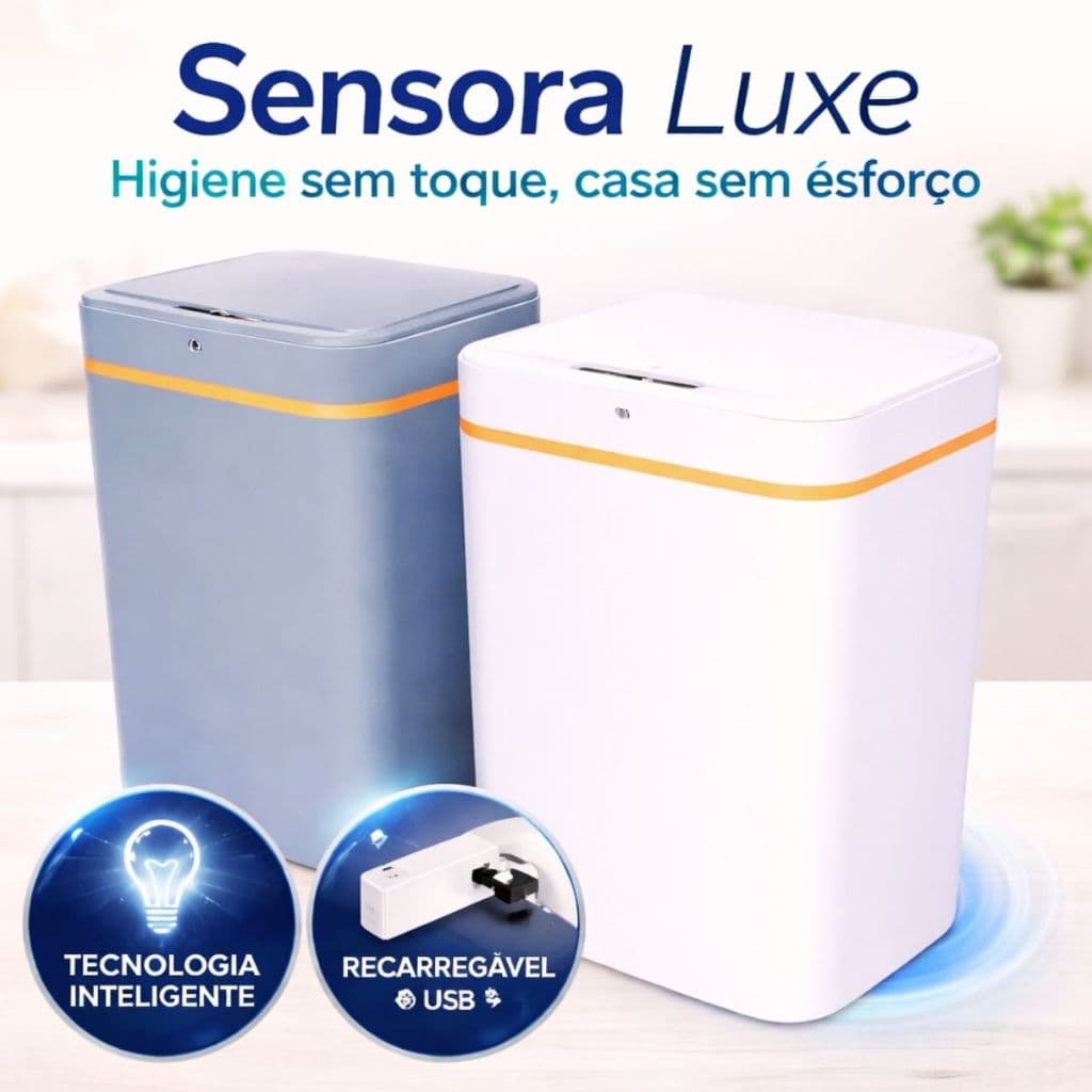 Lixeira Inteligente Automática Sensor Movimento 12L USB Recarregável Sensora Luxe Cozinha Banheiro Sem Toque