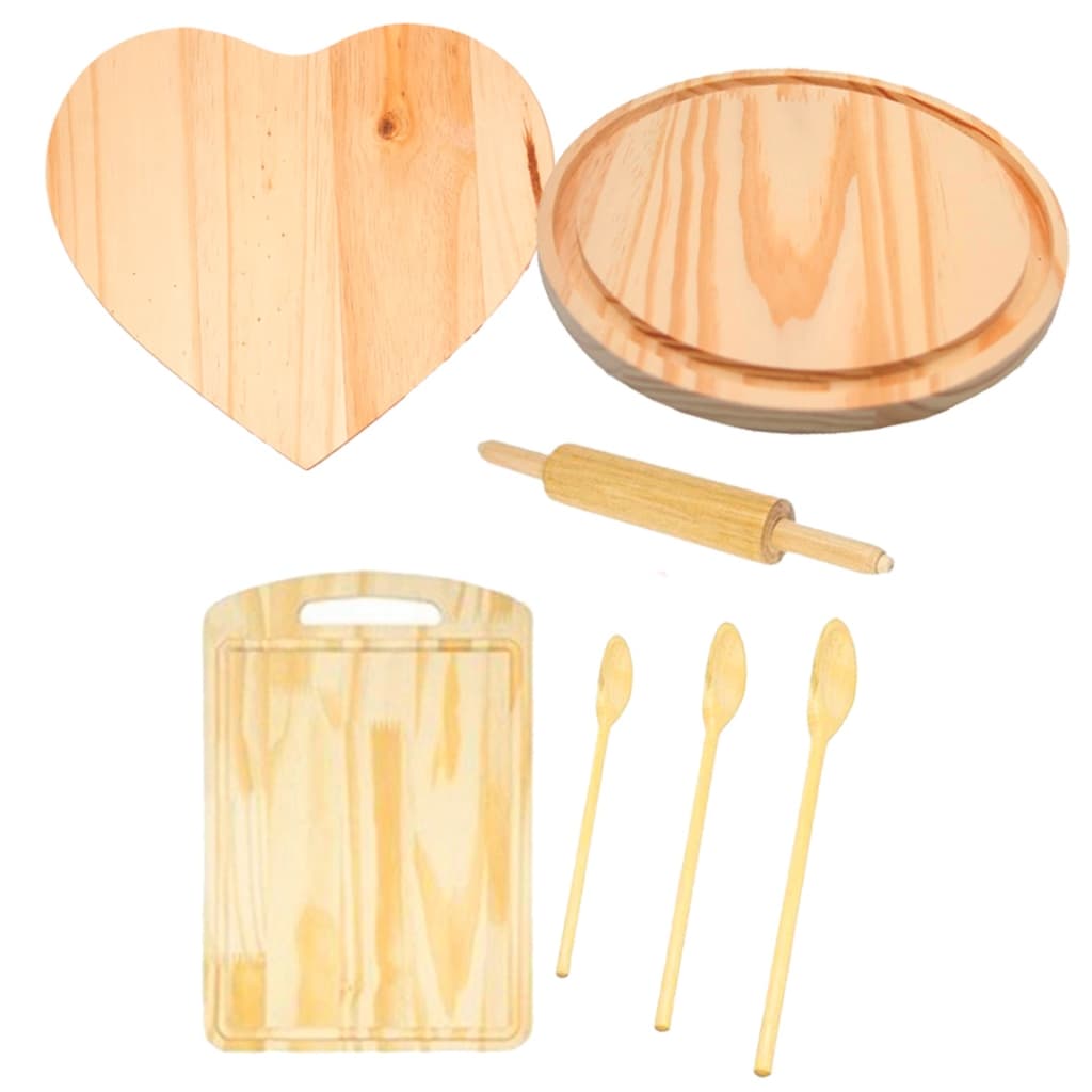 NOVIDADE 5,5 KIT CHÁ de CASA NOVA 7pçs de Tábuas e Utensílios de Cozinha de Madeira Natural