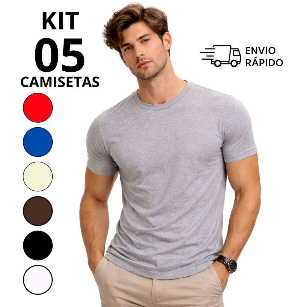 Camiseta Masculina 100% Algodão 05 Unidades Básicas Slim