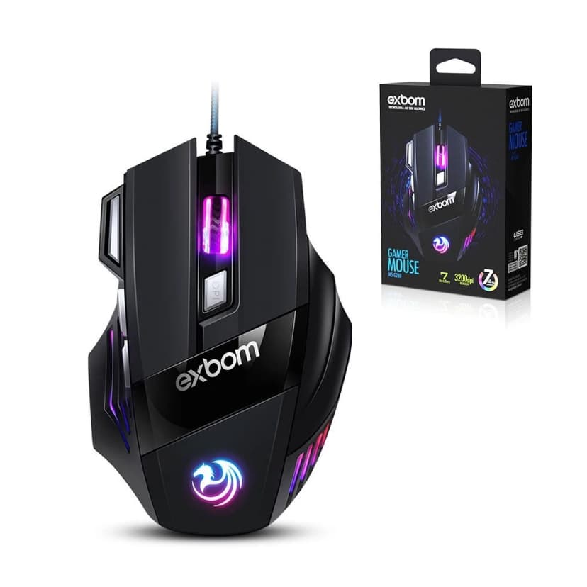 Mouse Gamer RGB 3200 DPI 7 Botões LED 7 Cores USB MS-G260 Exbom Alta Precisão