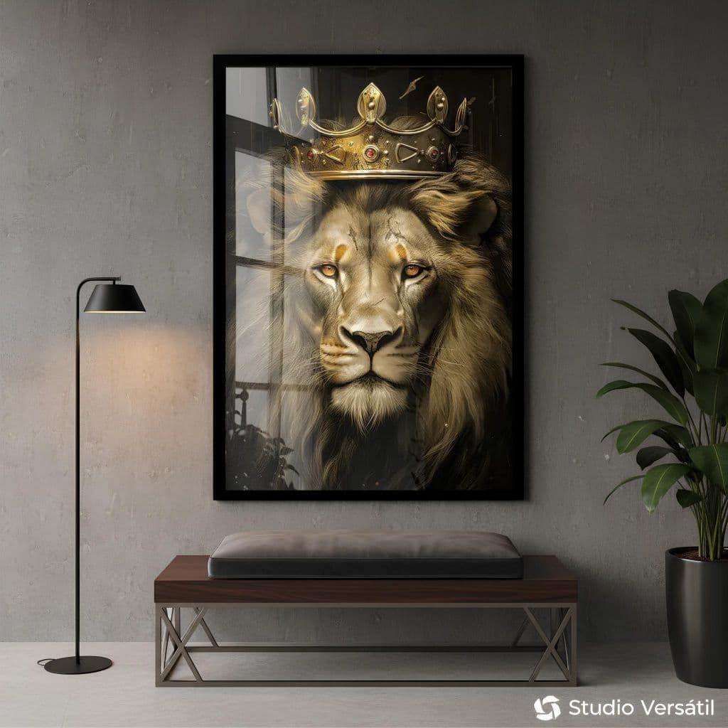 Quadro Decorativo 110x80 Leão Rei Com Coroa Luxo hall para  Sala Quarto escritorio painel parede