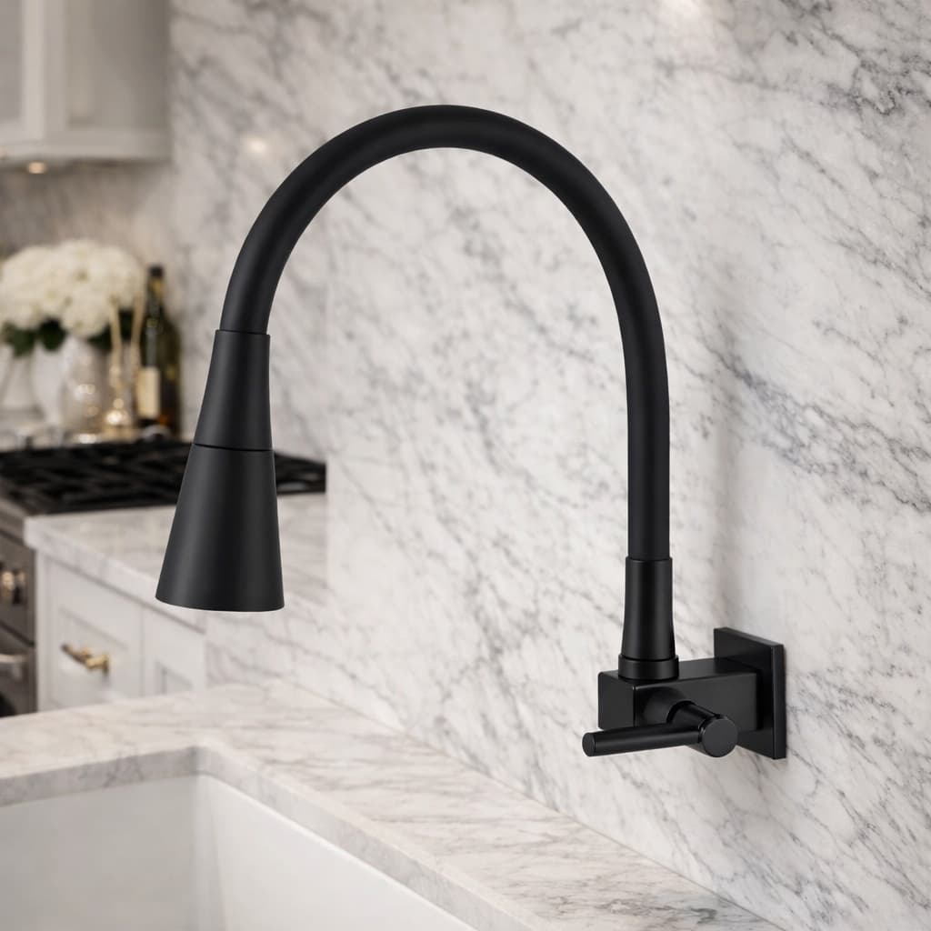 Torneira De Cozinha BASE DE AÇO De Parede Flexível Preto Fosco Design Premium Luxo