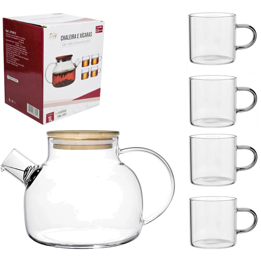 Chaleira De Vidro Com 4 Xicaras e Coador Inox No Bico e Com Tampa De Bambu 1Litro/75ML