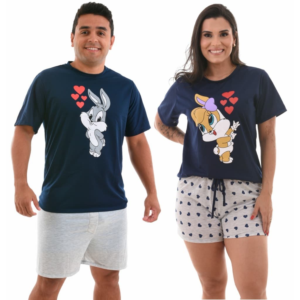 Kit Pijama Casal Mozão Pijama Estampado Personagem Casal Namorados Manga Curta E Short Confortavél