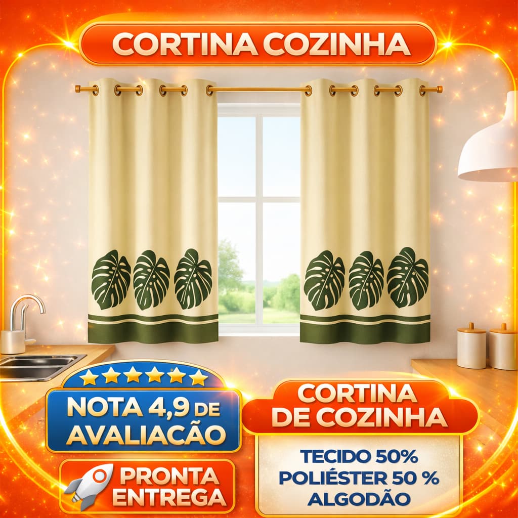 Cortina De Cozinha Estampada Tecido Linhão 2,00x1,40 Costela de Adão Floral folha