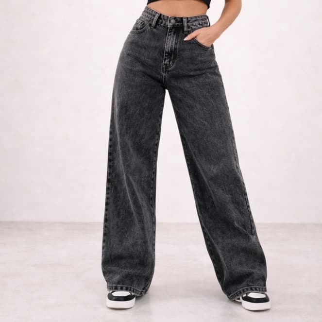 Calça Jeans Wide Leg Feminina Grafite Marmorizada Cintura Alta Perna Larga Premium