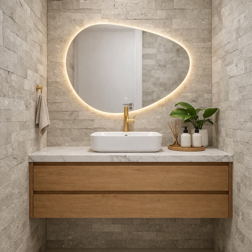 Espelho Jateado Orgânico 60x80 3 Tons Led com Botão Touch Luz Quente Fria Neutra Bivolt