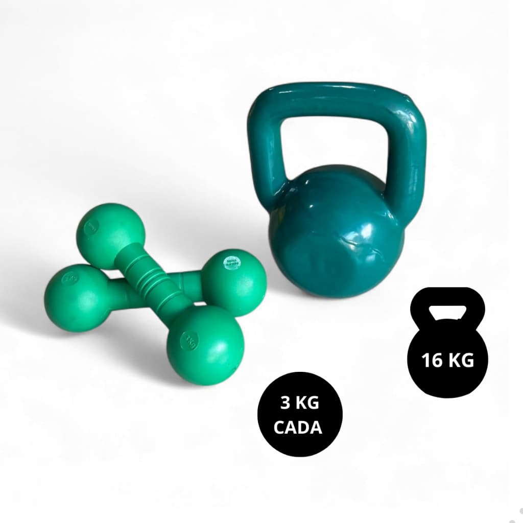 Kit Par Halter Bola Injetado 3kg +Kettlebell 12kg Emborrachado Verde Peso Academia Treino Musculação