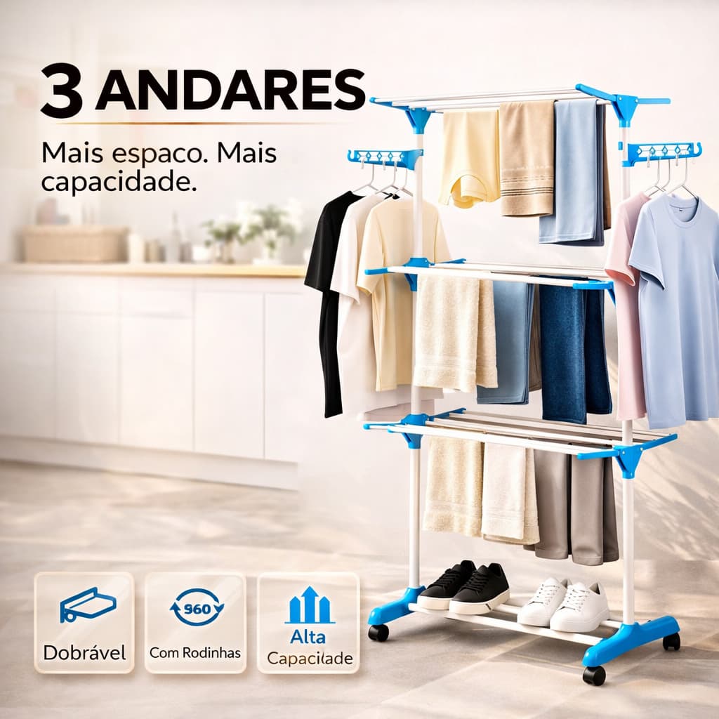 Varal de Chão 3 Andares Dobrável com Rodinhas 360° Varal Vertical para Apartamento Alta Capacidade